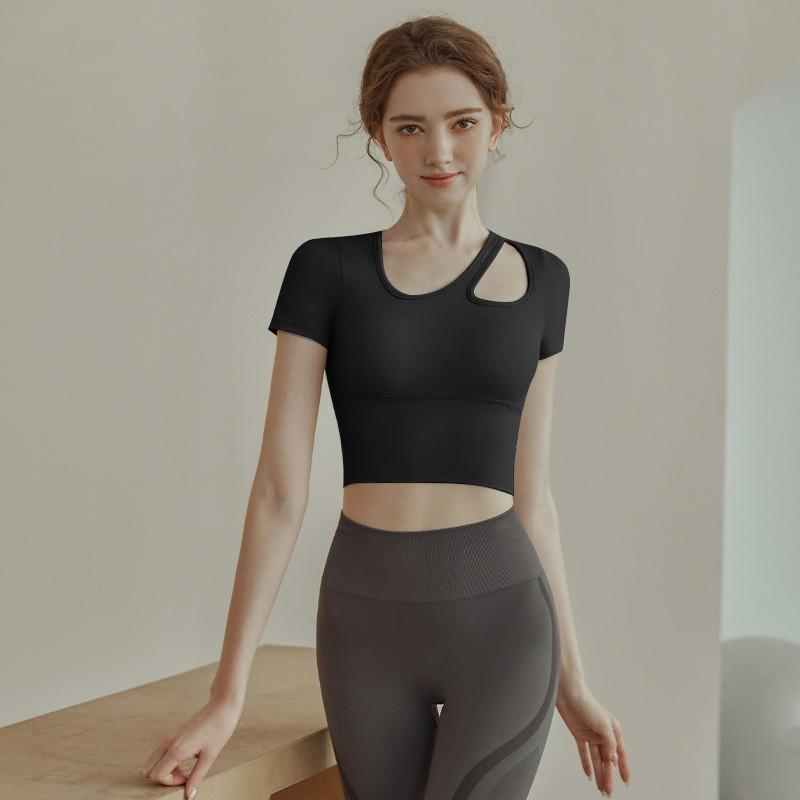 Premium sports beauty back short-sleeved gym clothes top women s shock-proof belt chest pad yoga short-sleeved quick-drying tights women s S