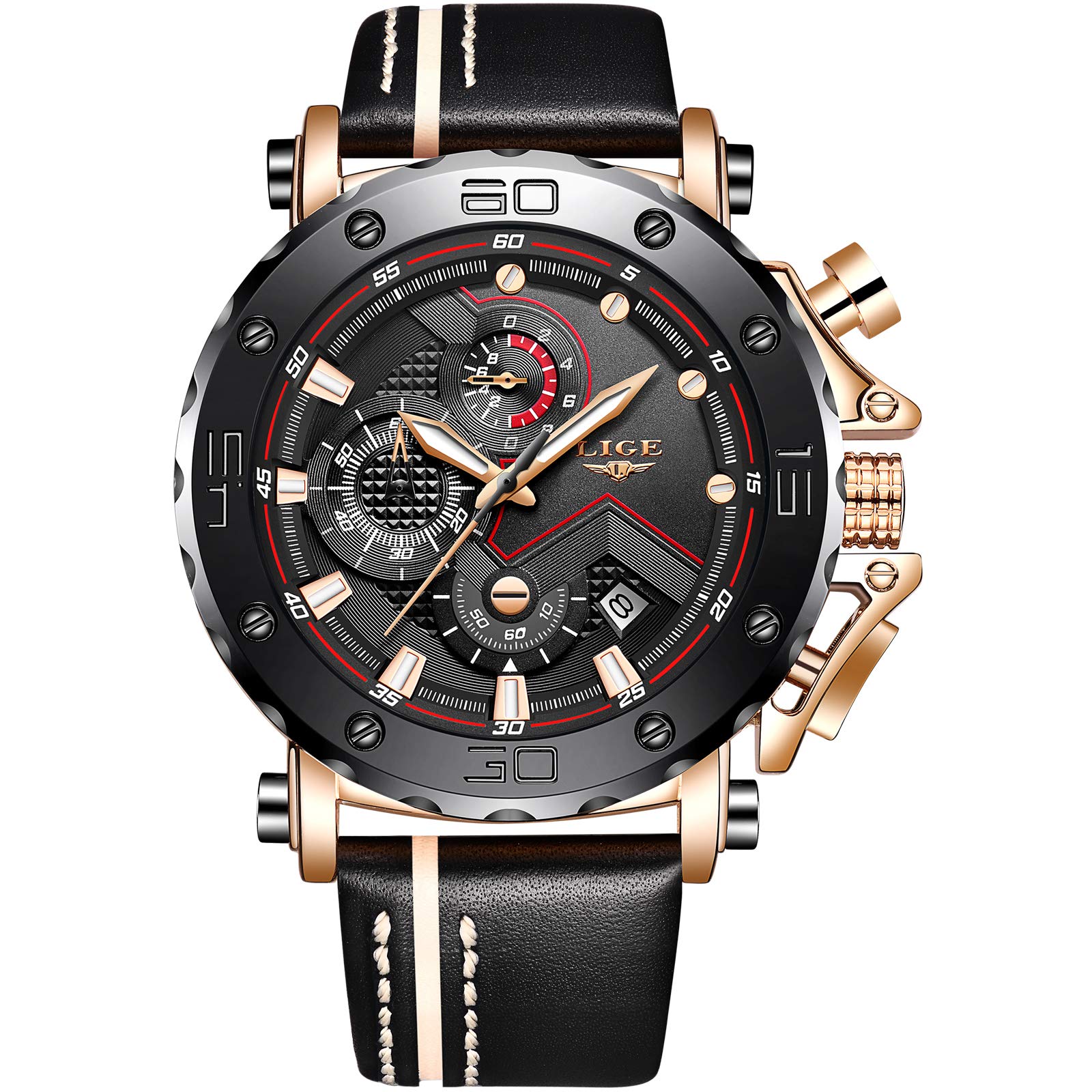 LIGE Watch Leather Strap Black Standard Watch LG9899A Men s Men s чёрный