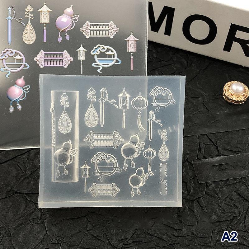 1Pcs Silicone Nail Art Mold Chinese Style Fan Pipa Lantern Gourd Pattern Relief 3D Transparent Nail Template DIY Manicure Decor