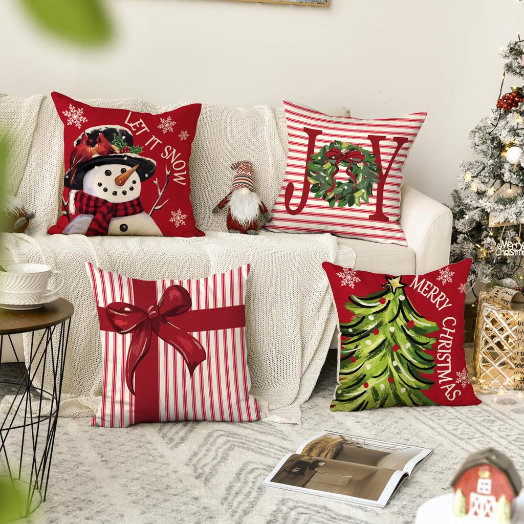 1 \ 4pcs Christmas Pillow Cover Snowman, Elderly, Printed Pattern Cushion Cover, Suitable for Room Living Room, (No Pillow Core)