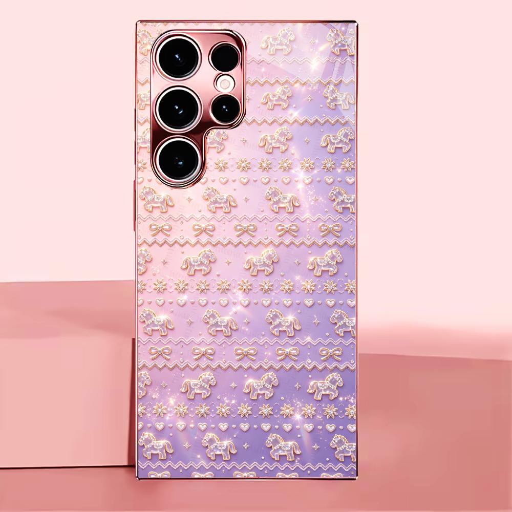 Pinkish-purple Crystal Pony Phone Case Glass S26 Ultra Case S25 Ultra Case for Samsung Galaxy S26 S25 S24 S23 S22 FE Ultra Plus