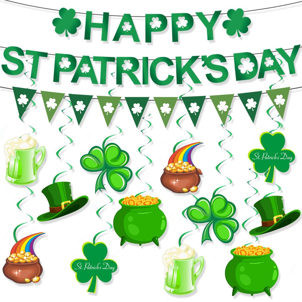 26 Irish Day Party Decoration St. Patrick'S Day Shamrock Flag Latte Spiral Set