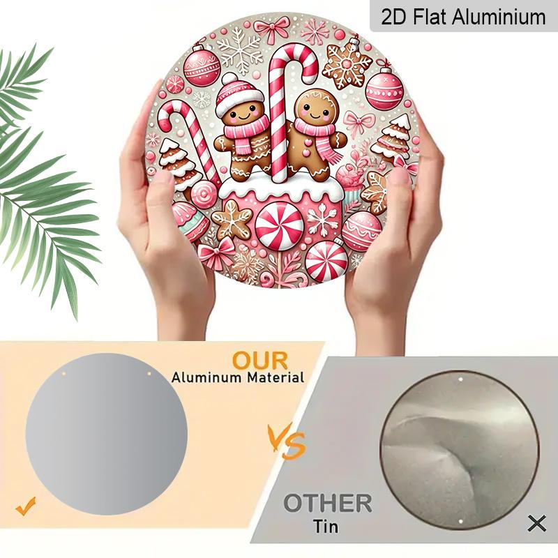 2D Flat, 1pc Charming Pink Sweet World Christmas Candy & Gingerbread Round Metal Wall Art, Festive Aluminum Sign with Candy Canes, Snowflakes