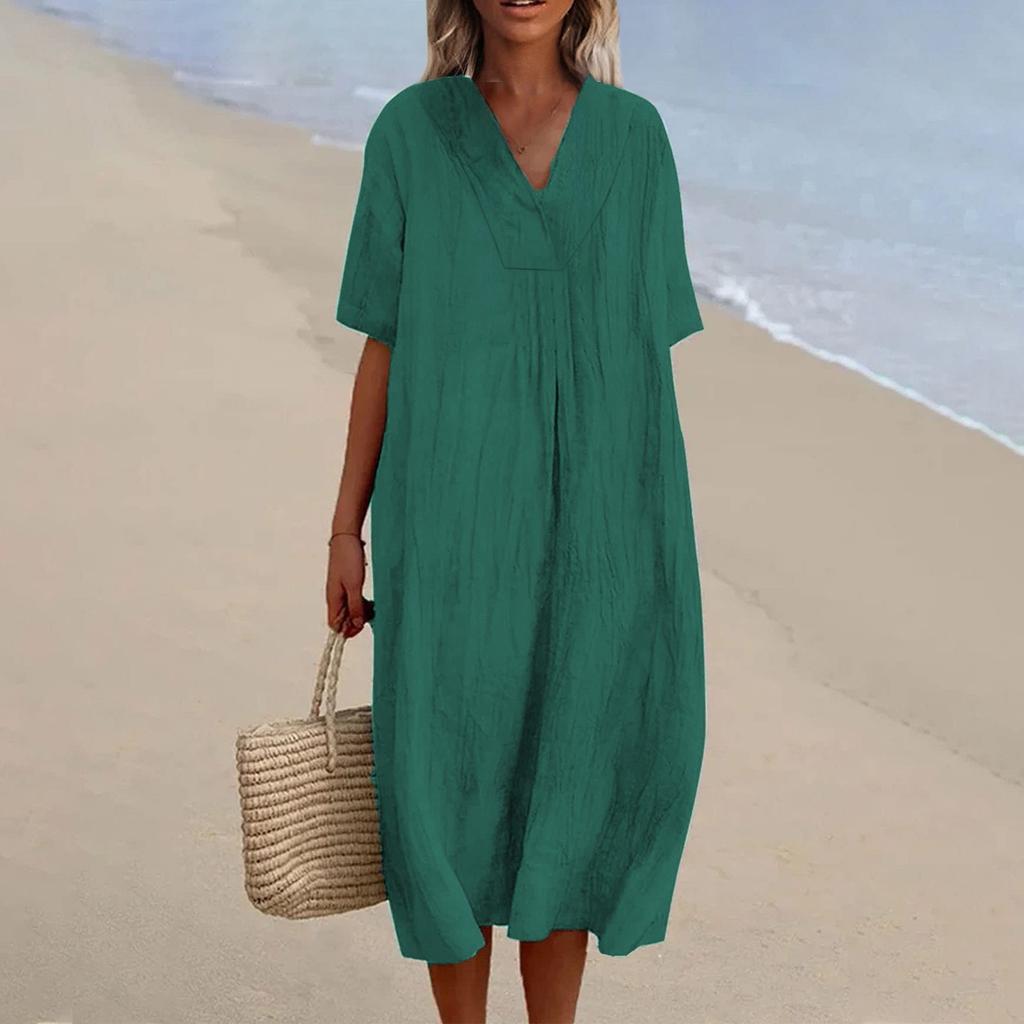 Women's V-Neck Casual Dresses Beach Holiday Color Vacation Leisure Dresses Loose Cotton Linen Shirt Dress
