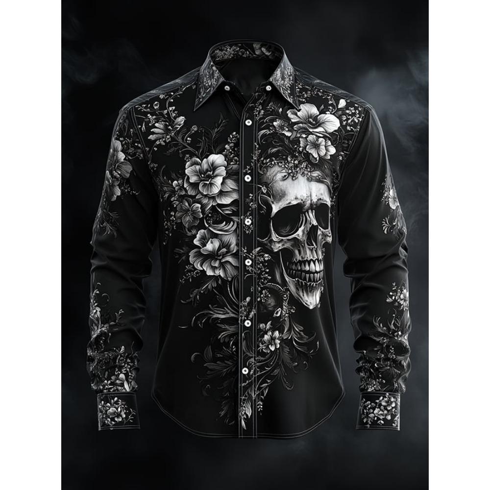 Mens Long Sleeve Button Up Hallloween Shirt Flower Skull 3d Print Hawaiian Shirt Men Women Fashion New Design Blouse Fit Camisas