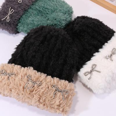 Autumn and Winter Warm Plush Hat for Women with Bow Knitted Hat Outdoor Cold Color Proof Pullover Hat Ear Protection Korean Cold Hat