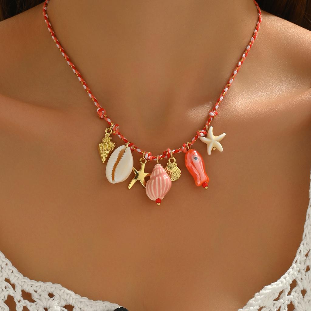 European and American color rope hand-woven ocean wind shell starfish ceramic small fish pendant bohemian wind necklace