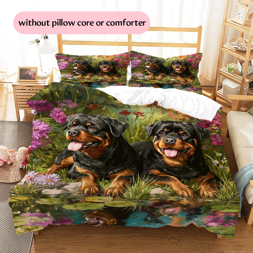 Rottweiler and garden Pattern Bedding Home Decoration Birthday Gift (1 * duvet cover + 2 * pillowcase, without core)