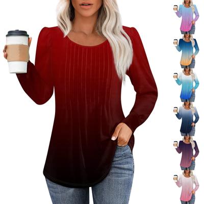 Women's Casual Top Gradient Printed Round Neck Long Sleeved Pleated T-shirt