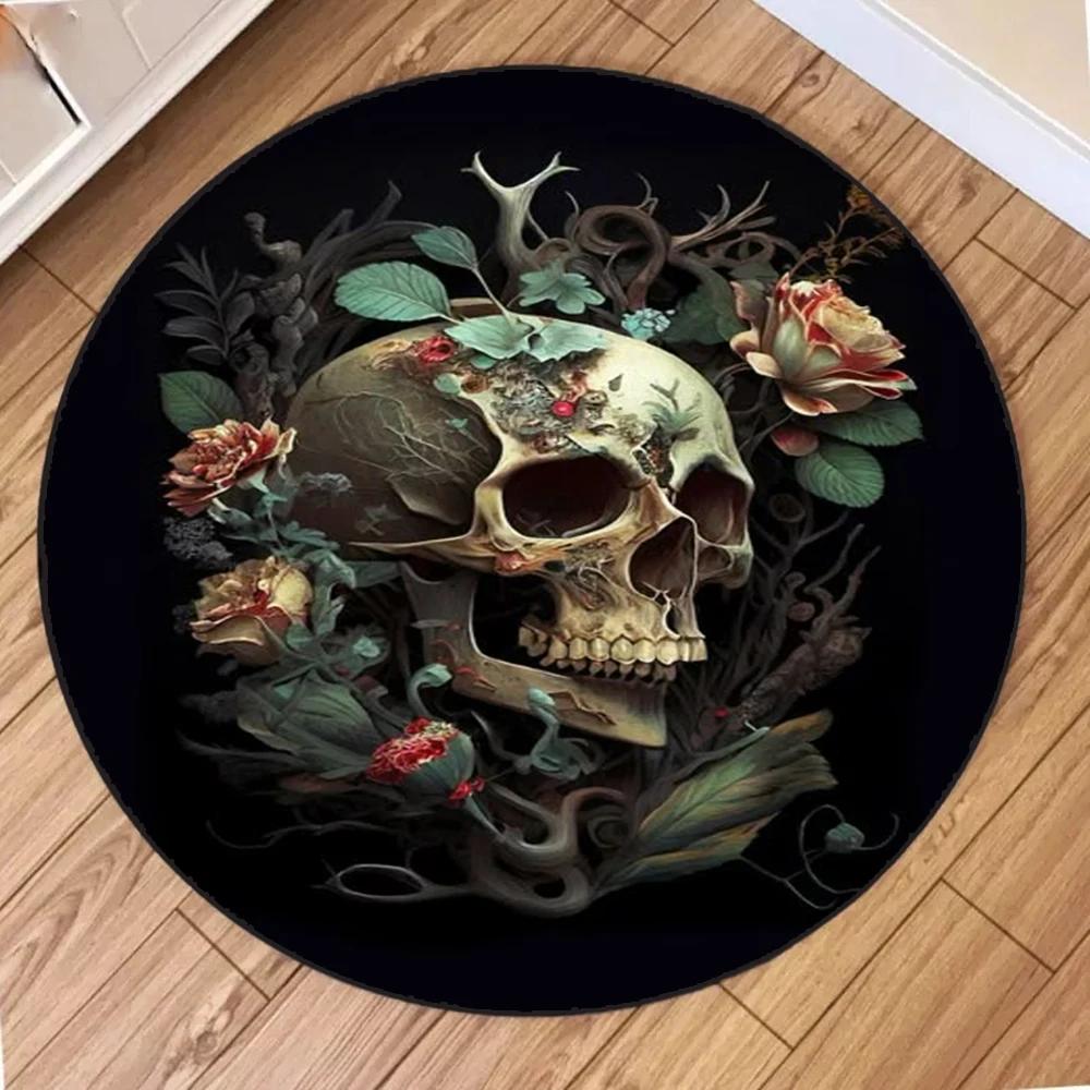 Luxury Soft Polyester Rug 3D Skull and Rose Round Non-Slip Area Rug Gothic Print for Bedroom Living Room Large Home Decoration