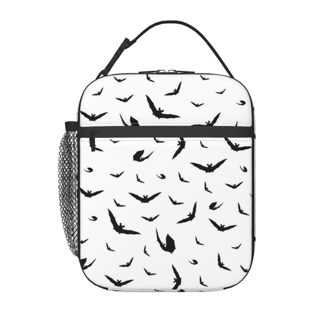 Elegante Bolsa de Almuerzo Aislada con Patrón de Murciélago Blanco y Negro para Niños, Nevera Escolar, Contenedor Térmico para Comida, Bolsa de Tote, Fiambreras Portátiles