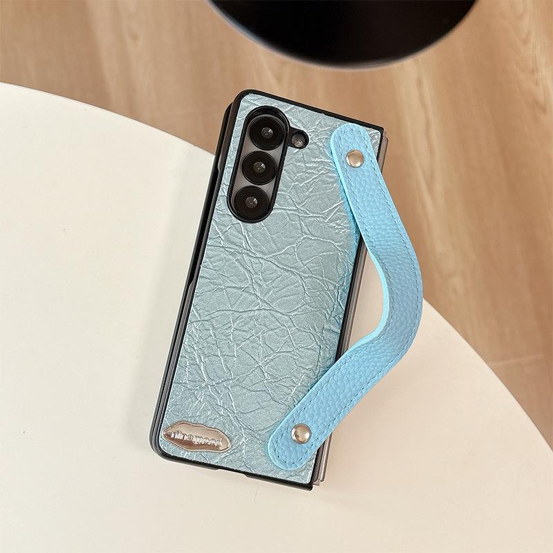 Solid Color Textured Leather Mobile Phone Case for Samsung Zflip6 Clamshell Fold7 Portable Wrist Strap Pocket2 Women