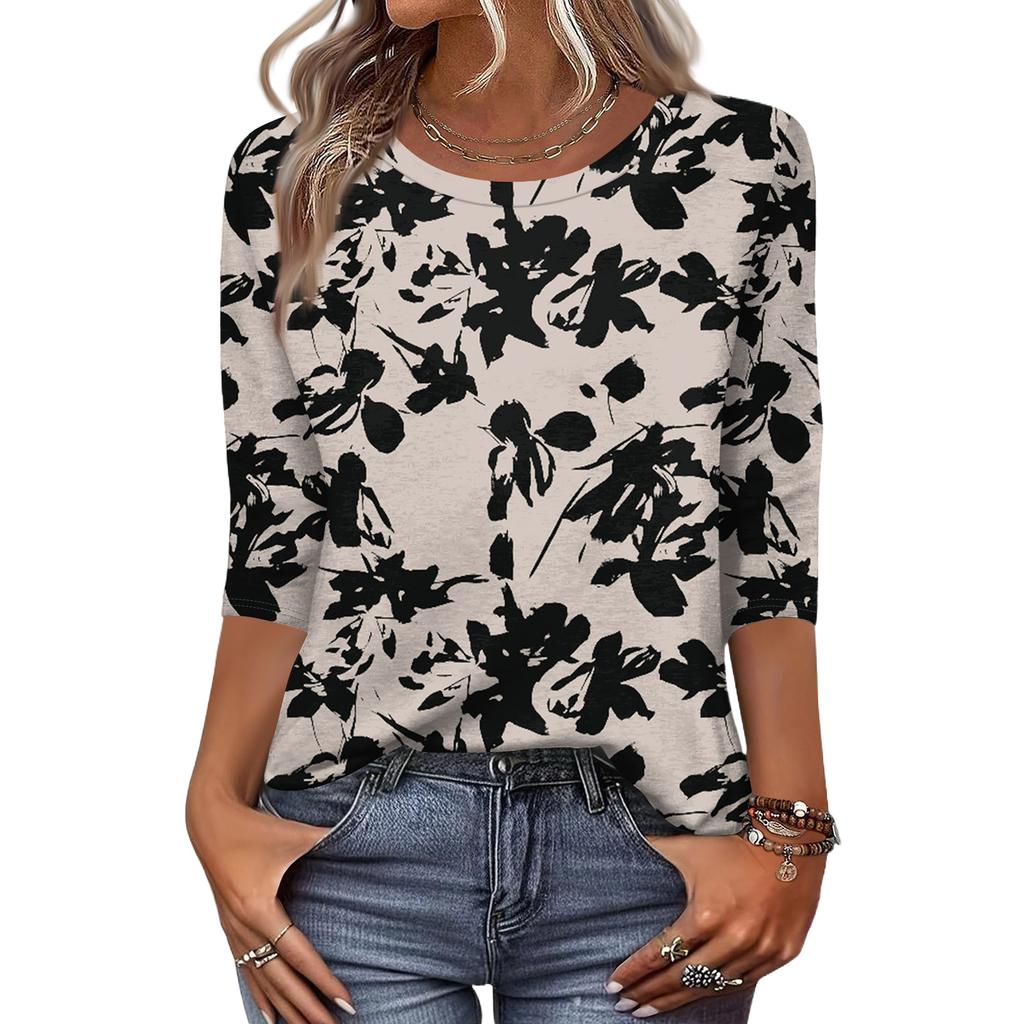Women's Fashion Casual Round Neck 3/4 Sleeve Loose  Printed T-Shirt Ladies Top