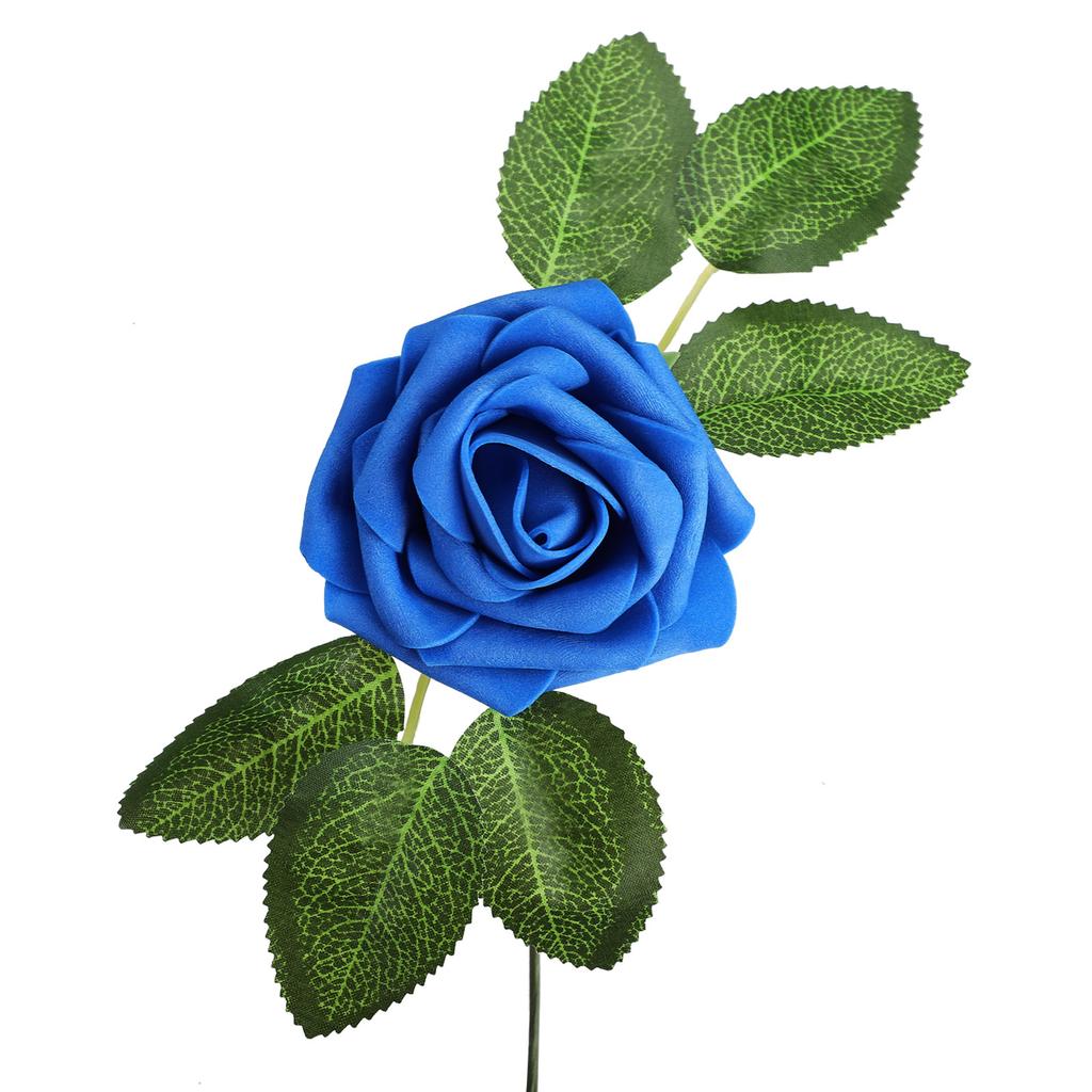 Artificial Rose Flower White PE Foam Fake Simulation Rose with Leaf and Stem