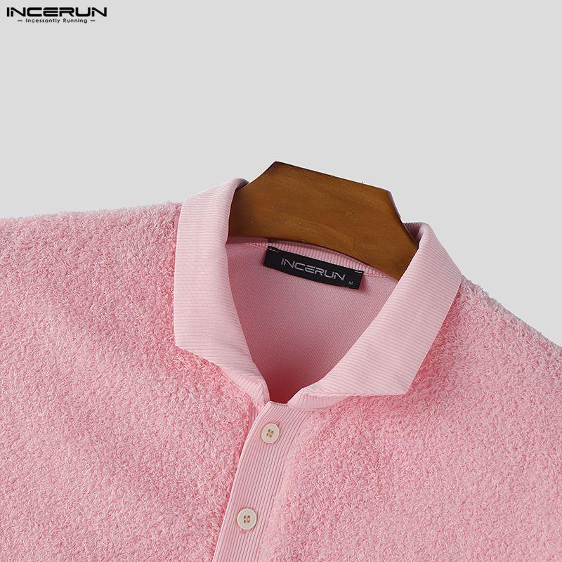 INCERUN Oversized Men Lapel Neck Long Sleeve Buttons Casual Loose Texture Pullovers Tops