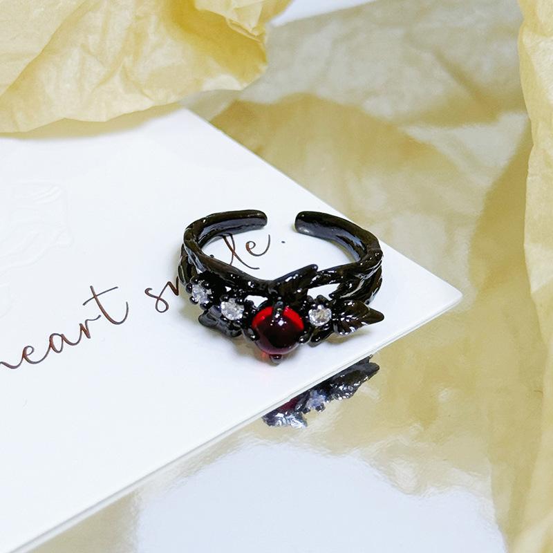 Dark Stacked Wearing Personalized Thorn Open Ring Niche Design Red Zircon Retro Punk Fashion Index Finger Ring Woman