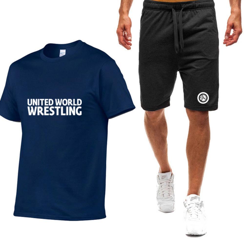 

Summer Men s World Wrestling Federation Logo Printed Solid Color Daily Multi Functional Comfortable T-shirt Pants Sports Set XXL