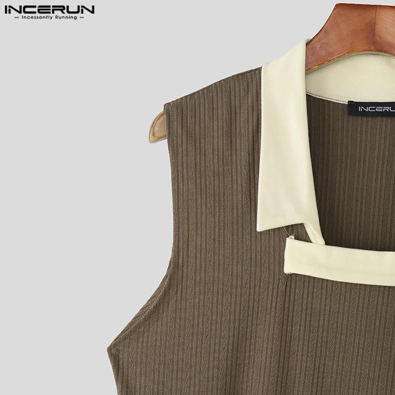 INCERUN Men Patchwork Lapel Sleeveless Casual Ribbed Tank Tops