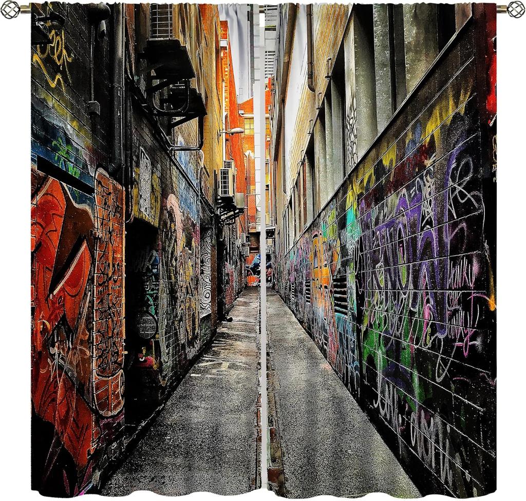 Modern Graffiti Curtains Boys Room Rap Abstract Art Street Wall Symbol Lines Window Drapes Print Kids Girls Curtain Made Of Polyester