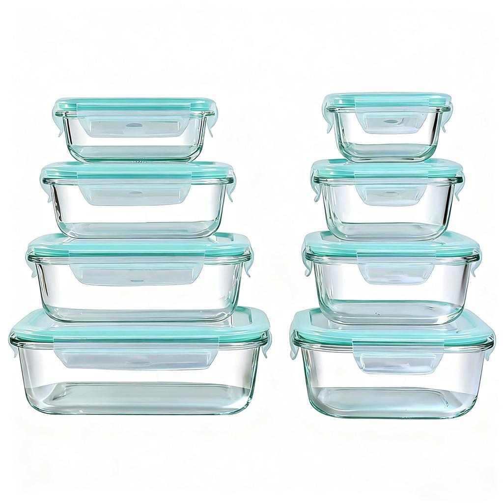 8pcs Glass Food Storage Containers Set Lunch Box Leakproof Airtight Microwave & Oven Safe Stackable Kitchen Organizers