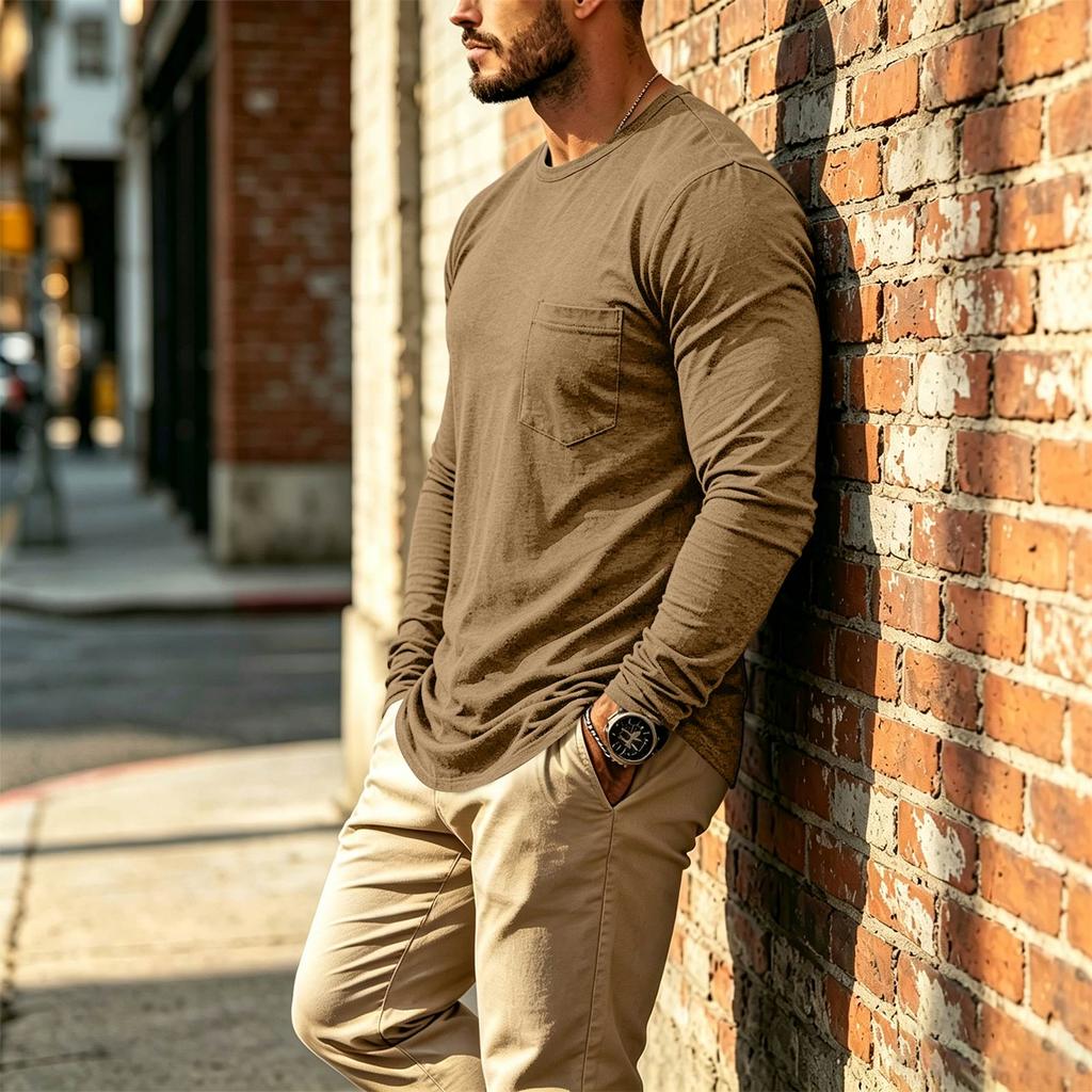 Men's Casual Long Sleeve Round Neck T-Shirt with Pocket for Everyday Wear