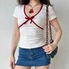 Women's White Red Contrast Bow Deep V Short Sleeve Slim Fit Ribbed T-Shirt