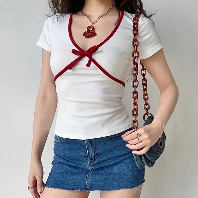 Women's White Red Contrast Bow Deep V Short Sleeve Slim Fit Ribbed T-Shirt