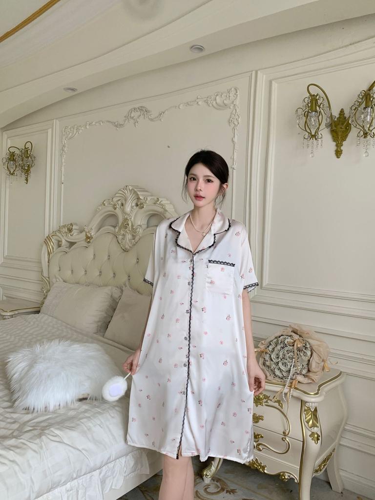 1011 Summer New Ice and Snow Silk Sweet and Sexy Short Sleeve Pajamas Women's Pure Desire Shirt Skirt Ice Silk Pajamas