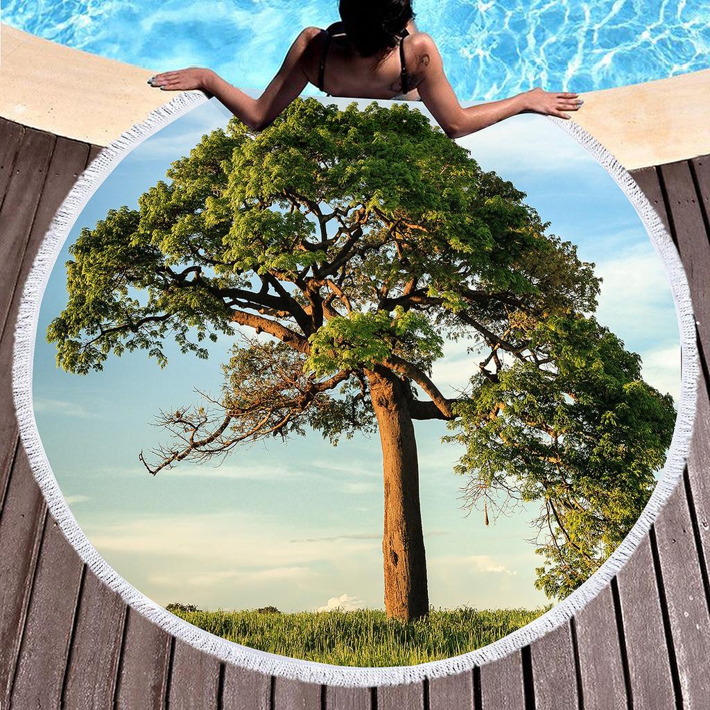 Big Tree Print Round Beach Towels, Polyester Sand Resistant Shawl Beach Blanket,Soft Absorbent Quick Dry Pool Towel Picnic Mat