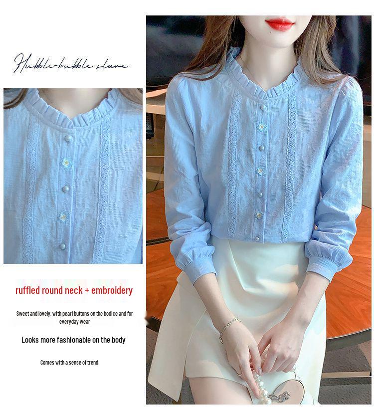 Women's Fleece-Lined Cotton Linen Embroidered Shirt for Autumn/Winter