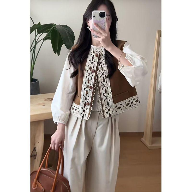 

Korean Spring Style: Brown Vest, Long Sleeve Shirt, High-Waist Wide-Leg Pants Set S (Recommended for 80-95 kg)