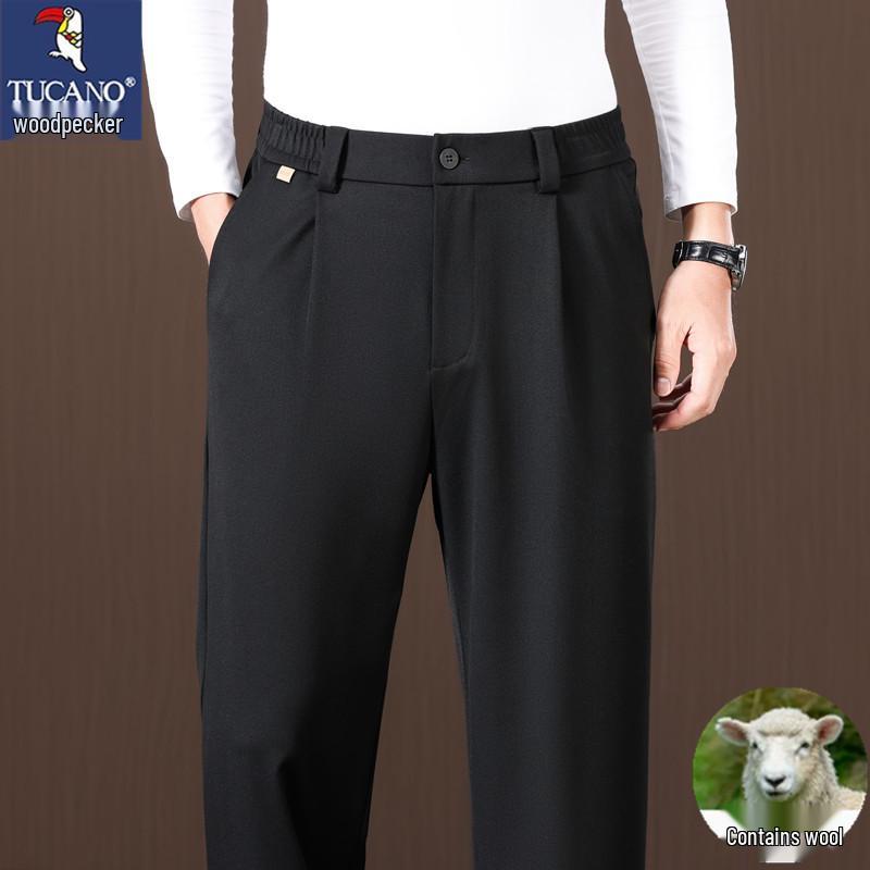 Woodpecker Men's Elastic Waist Wool Trousers - Loose Wide-Leg Casual Pants for Spring & Autumn