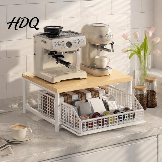 Coffee Capsule Drawer Organizer Maker Storage Rack with Drawer Two Tier Countertop Organizer Wood Kitchen Counter Top And Metal Basket Holder