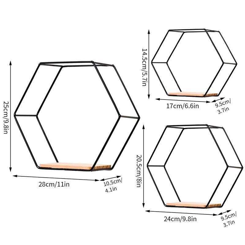 3Pcs/Set Hexagon Shape Iron Wall Shelf Metal Storage Decor Shelves with Wood Board Bedroom Living Room Handicraft Display Racks
