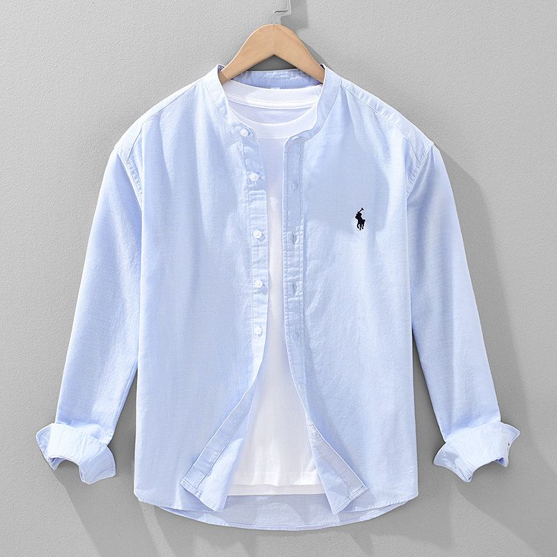 Trade Surplus Embroidered Stand-Collar Cotton-Linen Shirt for Men, Spring and Summer Long-Sleeve Loose Casual Shirt with a High-End Feel, Thin Jacket
