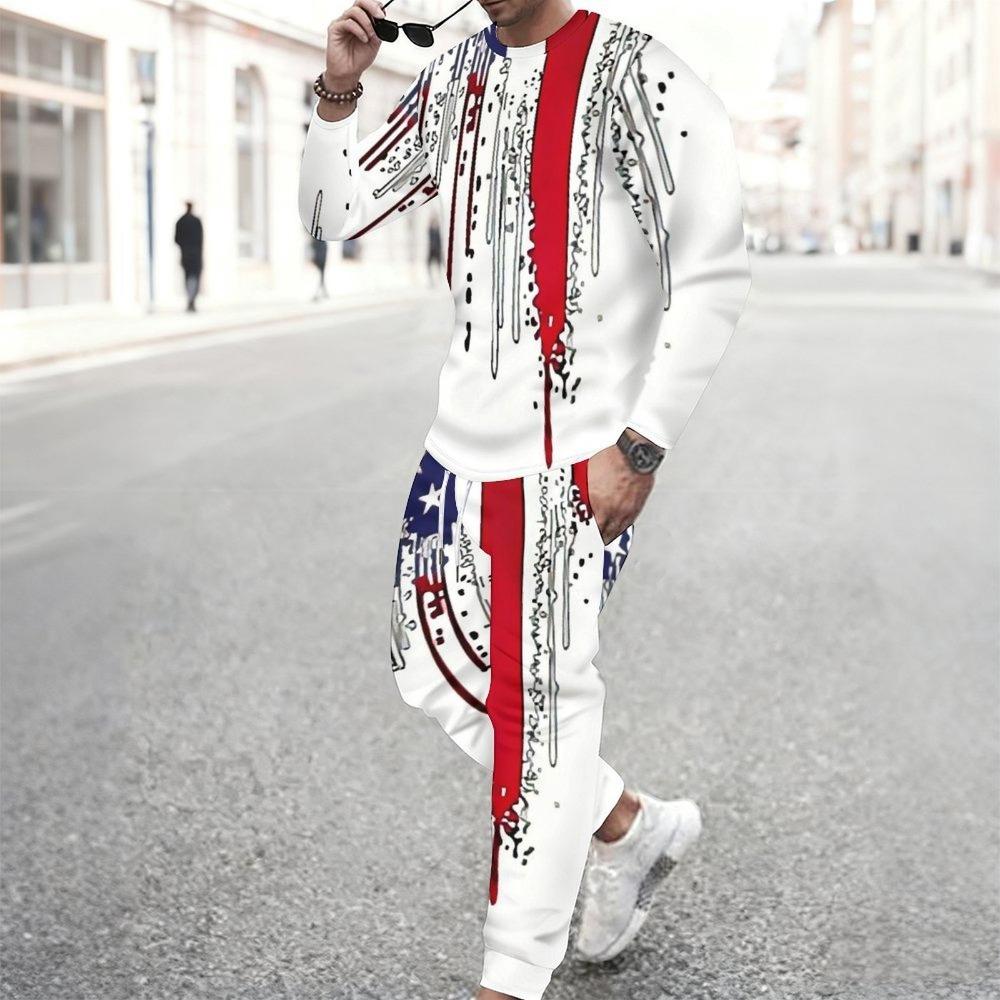 Men Print Two Piece Outfit Crew Neck Sweatshirt Drawstring Jogger Pants Casual Daily Tracksuit Set