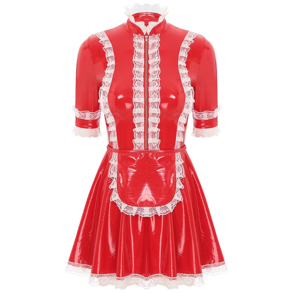 Kadın PVC Deri Dantel Kenarlı Hizmetçi Elbisesi Önlük ile Anime Cosplay Rol Yapma Kostümü