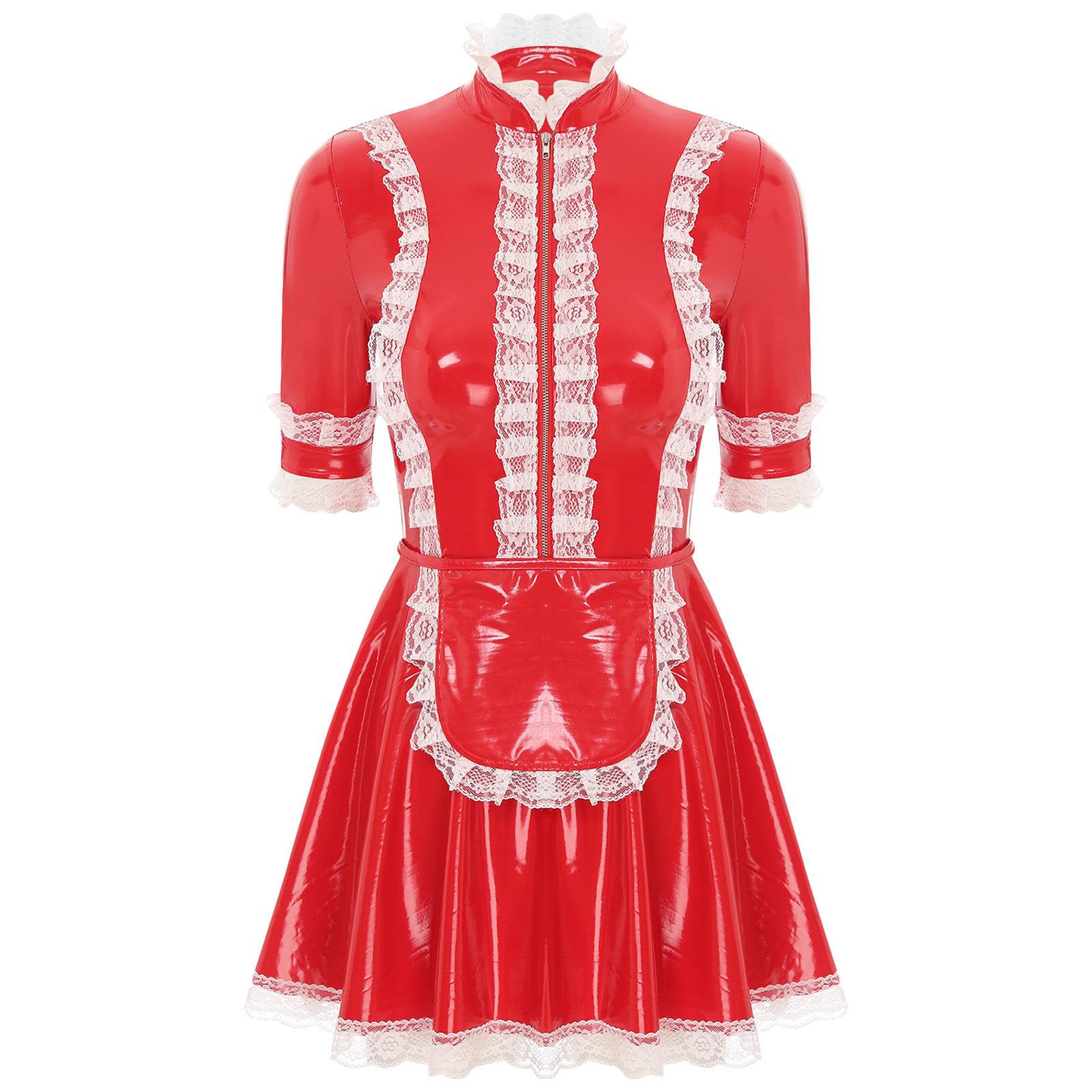 

Женское платье горничной из ПВХ-кожи с кружевной отделкой и фартуком для ролевых игр в стиле аниме-косплея S красный