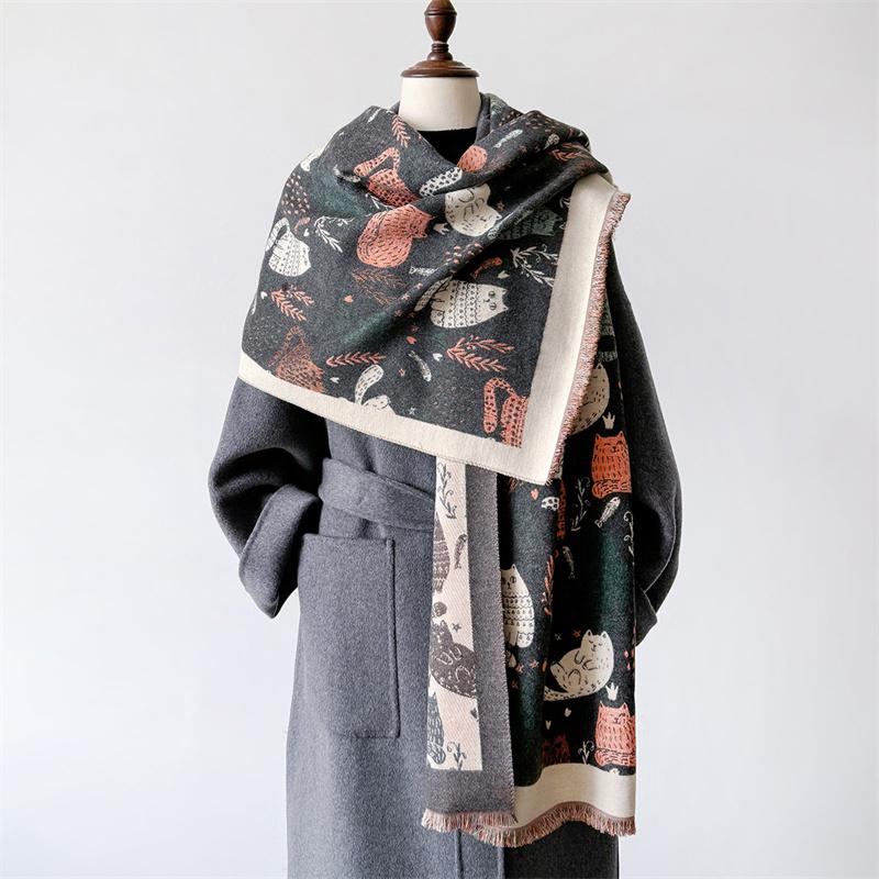 Luxury Cat Print Cashmere Scarf Women's Winter Double-Sided Thick Warm Female Shawl Scarf Pashmina Scarves Hijab Stoles