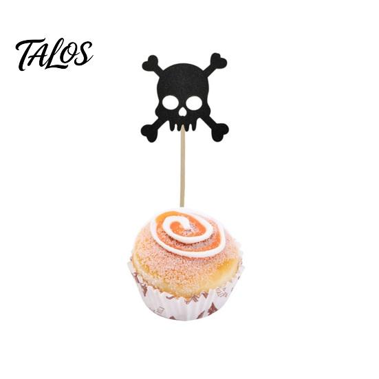 Stiff Cake Topper for Stability 8 Pcs Halloween Glitter Cupcake Picks, Spooky Black Skull Decoration Toppers, Gothic Birthday Party Supplies
