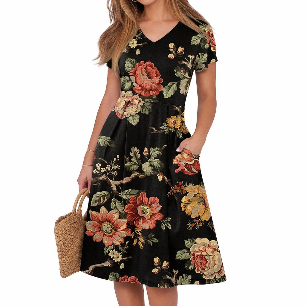 Women's Summer Casual Print V-Neck Short Sleeve Dress With Pockets