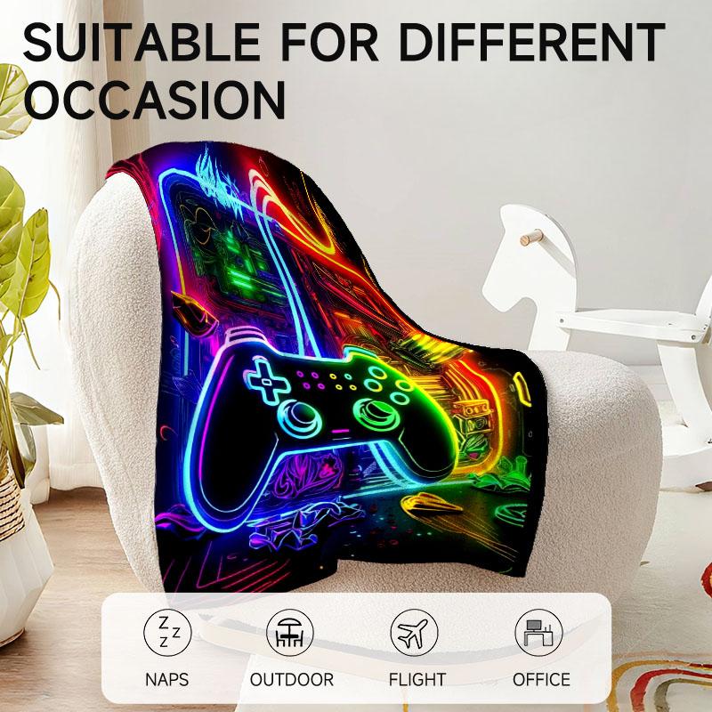 1 Piece Neon Game Controller Theme Flannel Blanket, Perfect for Sofa, Bed, Office. Ideal Gift for Family, Friends, Holidays.