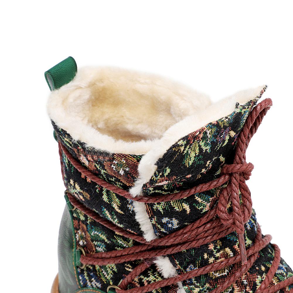 Johnature Botas curtas de inverno femininas quentes e confortáveis, feitas à mão, em couro legítimo, estampado, emendado, pelúcia, retrô