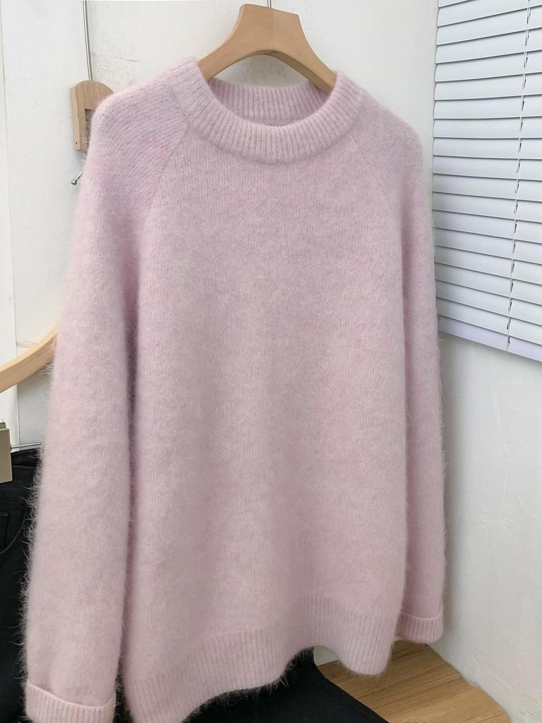 2025 Winter European Women's Pink Cashmere Blend Raglan Sleeve Loose Sweater