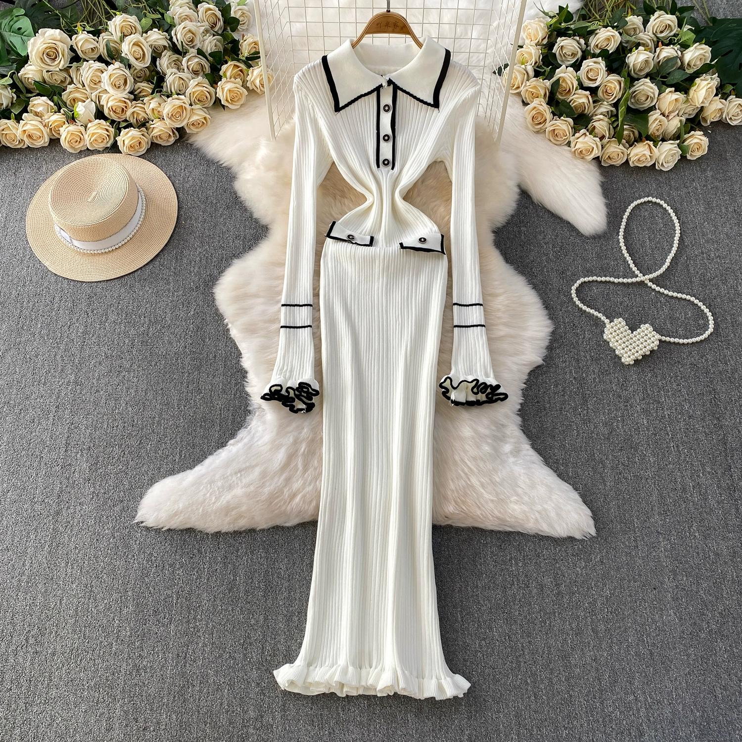 

Осень Зима Женские Повседневные Отложной Воротник Расклешенный Рукав Вязаный Свитер Длинные Макси Приталенные Платья-Пуловеры One Size белый