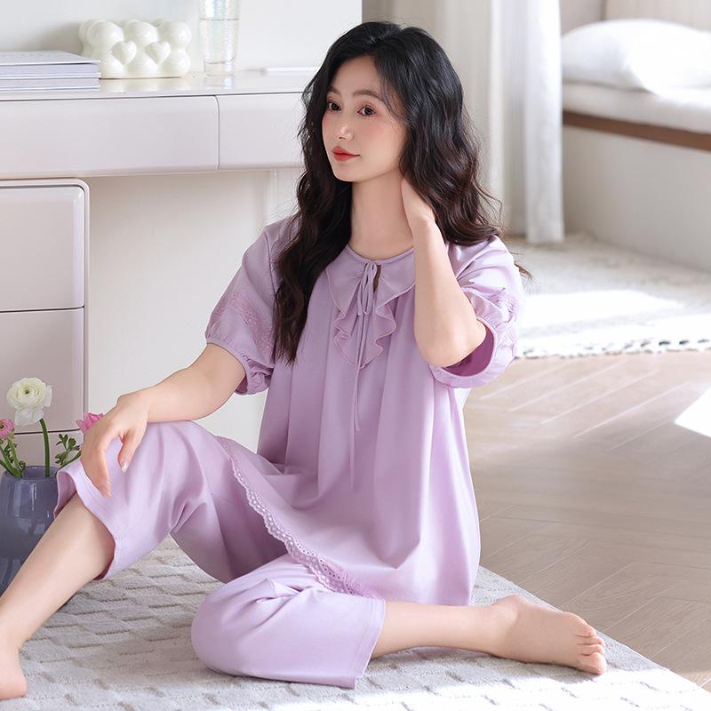 pure cotton pajamas women's summer short-sleeved eight-point pants thin summer women's 1011 new high-end summer loungewear