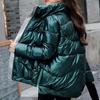 Side Zipper High Low Hem Women Coat Bright Surface Winter Women Stand Collar
