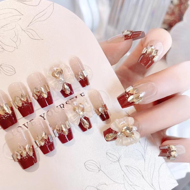 Medium-Long Burgundy Rhinestone Nail Stickers for Autumn/Winter and New Year
