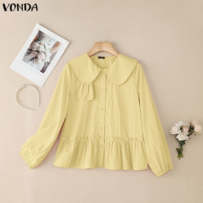 VONDA Women Casual Doll Collar Loose Long Sleeve Buttons Ruffled Blouse