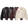 Womens PU Leather Jacket Slant Zip Loose Fit Square Collar Faux Fur Trim Winter Casual
